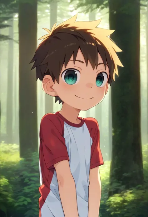 a boy in a red shirt standing in the woods