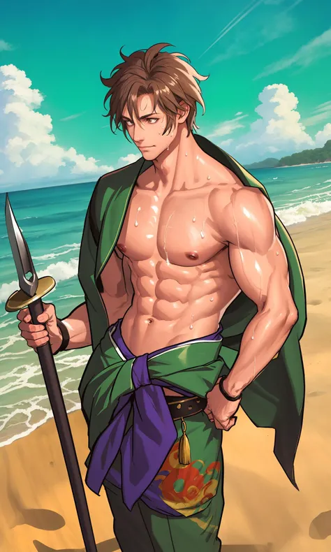 yoshouchu,sea,beach,spear,topless,sweat,cowboy shot,clothes tied around the waist,muscular male,practice martial arts,concentrate on,masterpiece, best quality, <lora:yushouchu-V2:1>