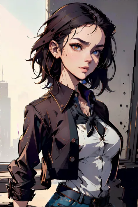 <lora:unstableinkpunkdream:0.8>, portrait, woman wearing collared shirt or blouse tucked into high-waisted jeans or corduroys, paired with a pair of oxfords or loafers and a pastel cardigan, dark brown layered hair || <lora:unstableinkpunkdream:0.4>, illus...