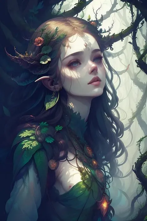 woman in a mythical forest, masterpiece, perfect face, intricate details, horror theme <lora:UnstableInkPunkDream:1>