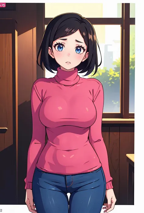 (masterpiece, best quality), 1girl,   < <lora:MisoraAkebi:0.8> MisoraAkebi, 1girl, solo, short hair, blue eyes, black hair, large breasts, long sleeves, pants, pink sweater, denim, jeans, mature female, turtleneck sweater,