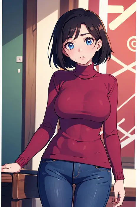 (masterpiece, best quality), 1girl,    <lora:MisoraAkebi:0.8> MisoraAkebi, 1girl, solo, short hair, blue eyes, black hair, large breasts, long sleeves, pants, pink sweater, denim, jeans, mature female, turtleneck sweater,