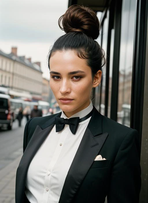 A stunning intricate color close up portrait of (sks woman:1) , wearing Tuxedo jacket and tailored trousers, epic character composition, sharp focus, natural lighting, subsurface scattering, f2, 35mm, film grain, , by Henri Cartier-Bresson, <lora:lora-smal...