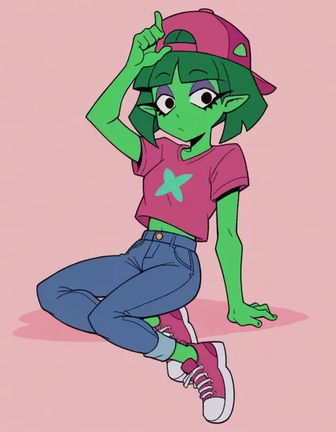 a cartoon girl with green hair and a pink shirt and jeans