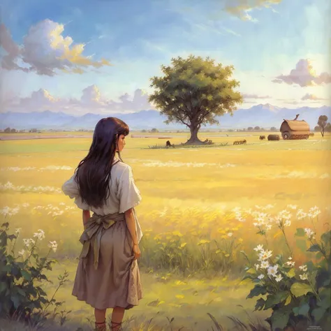 a woman standing in a field, masterpiece, perfect hands<lora:Pierre_Joubert_v2:0.6> pierre_joubert