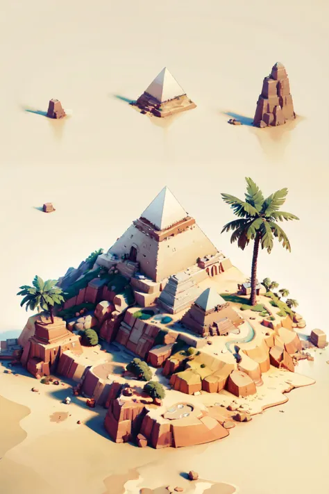 a picture of a desert with a pyramid and palm trees