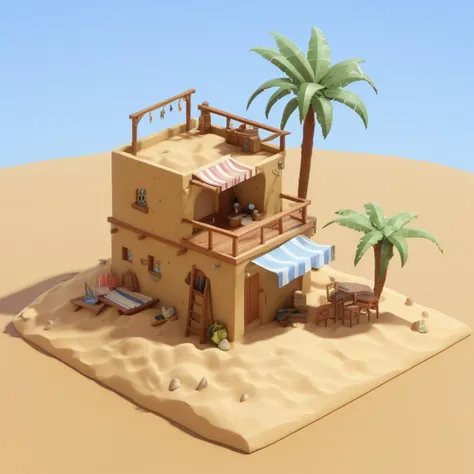 arafed house in the desert with a palm tree and a table