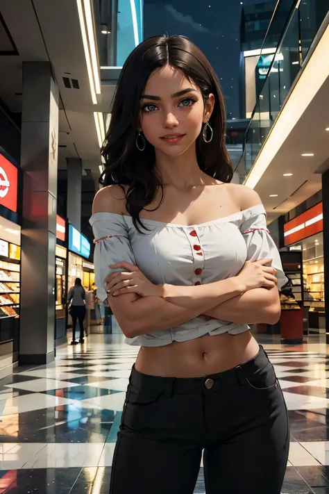 Isabela Keyes, black hair, long hair, jewelry, earrings, shirt, bare shoulders,midriff, pants, looking at viewer, serious, smiling, medium shot
standing, arms crossed, inside a shopping mall, dark, night, extreme detail, hdr,  <lora:IsabelaKeyes:.3>