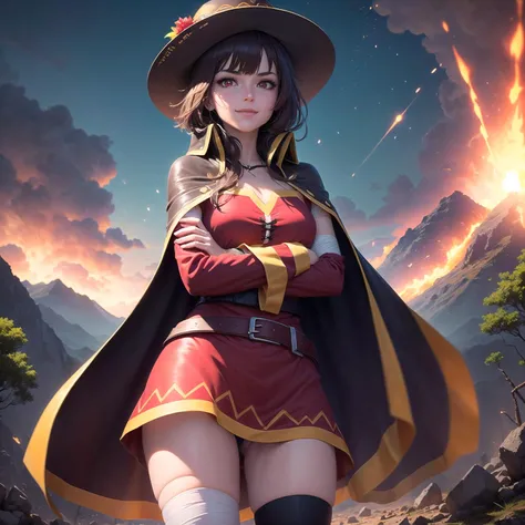 masterpiece, best quality, ultra-detailed, illustration, epic lighting, cinematic composition, <lora:konosubaMegumin_v10:1> 1girl, Megumin, megumins style, large hat, cape, small breasts, bandaged leg, single thighhigh, solo, (red eyes:1.2), glowing eyes, ...