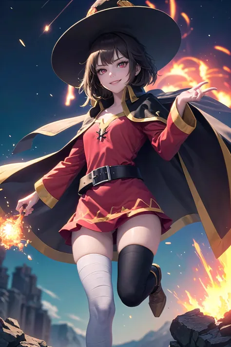 masterpiece, best quality, ultra-detailed, illustration, epic lighting, cinematic composition, <lora:konosubaMegumin_v10:1> 1girl, Megumin, megumins style, large hat, cape, small breasts, bandaged leg, single thighhigh, solo, (red eyes:1.2), (glowing eyes:...