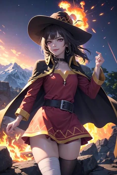 masterpiece, best quality, ultra-detailed, illustration, epic lighting, cinematic composition, <lora:konosubaMegumin_v10:1> 1girl, Megumin, megumins style, large hat, cape, small breasts, bandaged leg, single thighhigh, solo, (red eyes:1.2), (glowing eyes:...