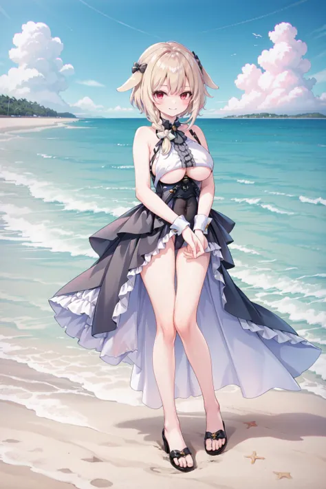 masterpiece, best quality,shiny,chromatic aberration abuse,pastel color,full body, 
1girl,solo,  <lora:usami2:0.6>,usamia,blonde hair, short hair,braid,rabbit ears, smile,red eyes,
 <lora:HindenburgLeotardClothing:1>,
ocean,beach,outfit-hindenburg, leotard...