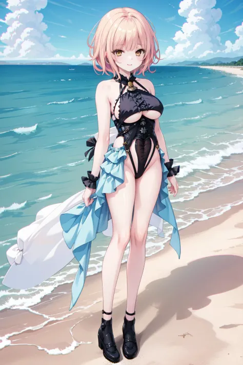 masterpiece, best quality,shiny,chromatic aberration abuse,pastel color,full body, 
1girl,solo, <lora:yuki2-000014:0.5>yukia,smile,blonde hair,yellow eyes,short hair,
 <lora:HindenburgLeotardClothing:1>,
ocean,beach,outfit-hindenburg, leotard, underboob