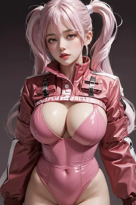 (masterpiece,best picture quality),girl,(fringe hair,twintails,pink hair),huge breasts,pink gel coat,<lora:AliceShrugClothingPinkBodysuitV2:1>,hand touch chest,(detail pussy:1.3),