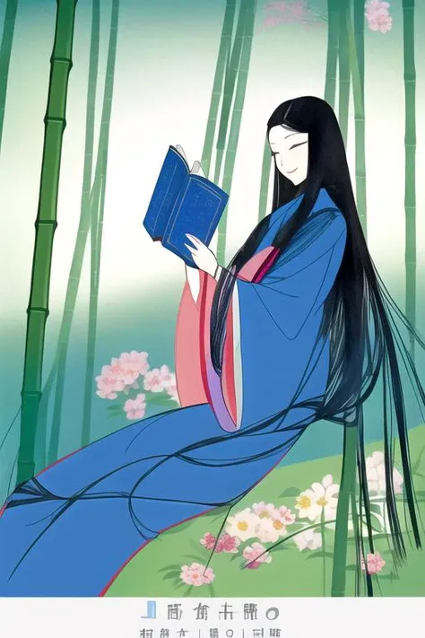 a woman in a blue kimono is reading a book