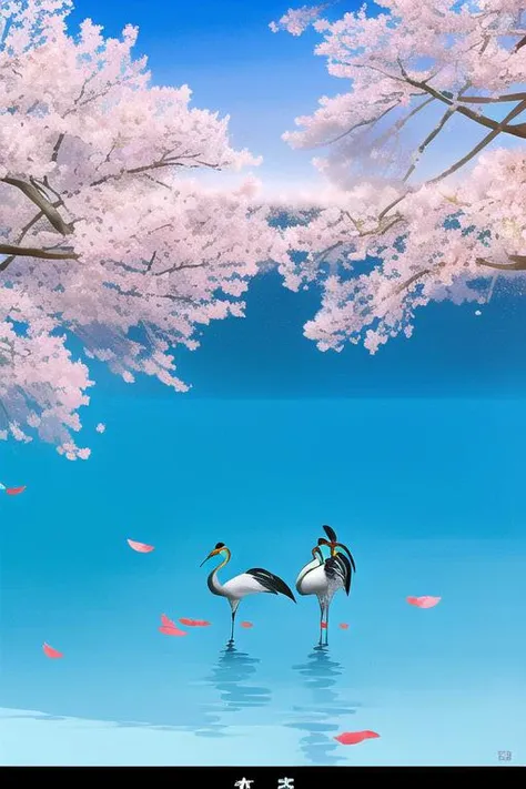 a couple of birds standing on top of a lake next to a tree