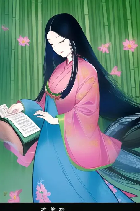 a woman in a pink dress is reading a book in a green field