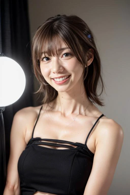 a close up of a woman in a black dress posing for a picture