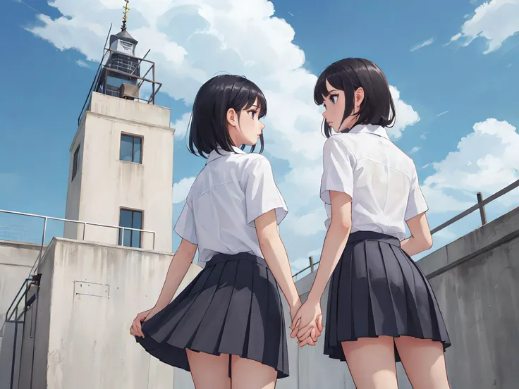 masterpiece, 2 girls, school shirt, pleated skirt, backshot, black hair, short hair, long hair, hand in hand,
<lora:school_rooftop_v0.1:1>, school rooftop, view from below