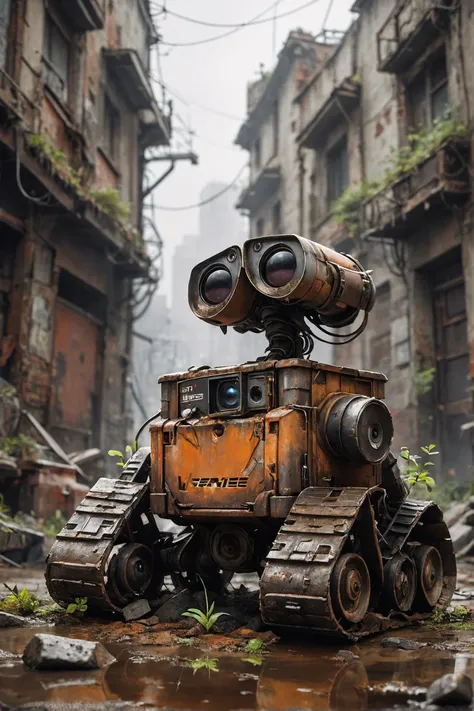amazing quality, masterpiece, best quality, hyper detailed, ultra detailed,photo, winter, dark, dusk, an abandoned and broken wall-e, an overgrown , frame weathered and worn,rust stains and spots