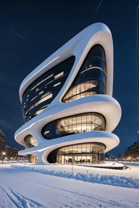 Night view, snow, amazing art Architecture,((best quality)),(ultra-high resolution),((realistic),((zaha Hadid building))