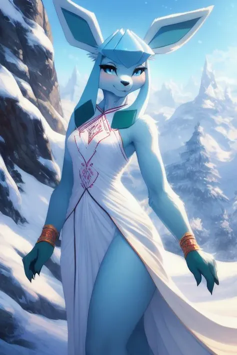 a woman in a white dress and blue hair standing in the snow