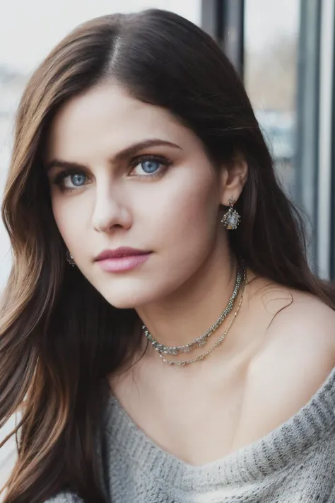 adr piercing eyes, looking straight, very happy,long hair, wearing an off-shoulder sweater, choker, closeup portrait, in a outdoor cafe in 2015, afternoon light,<lyco:AlexandraDaddario-RealVision-V1.0:1.0>