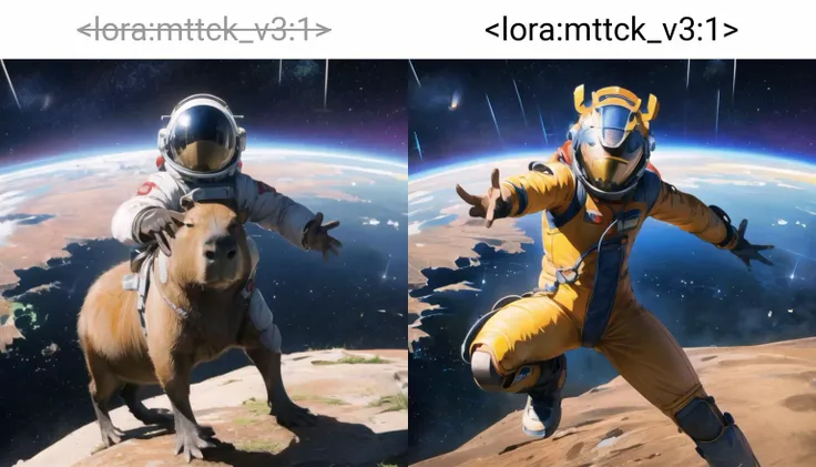 <lora:add_brightness:0.5><lora:add_detail:0.5> <lora:capi:1> capybara, solo,no human,dynamic pose, 
 wearing space suit, helmet, pov,space walk,
earth (planet),space, shooting star,