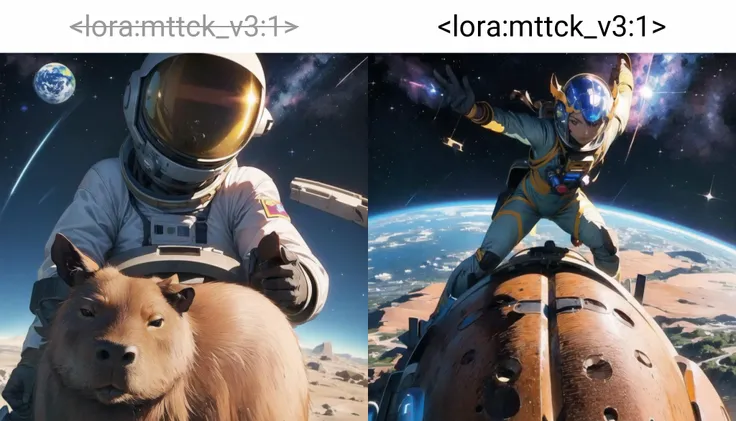 <lora:add_brightness:0.5><lora:add_detail:0.5> <lora:capi:1> capybara, solo, wearing space suit, helmet, pov,space,space walk,shooting star, earth (planet),