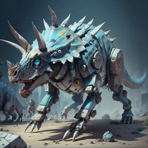 <lora:Mech4nim4lAI:0.8>, quadruped, Mech4nim4lAI, <lora:triceratops:0.7>, triceratops:0.1, robotic joints, robotic parts, blue eyes