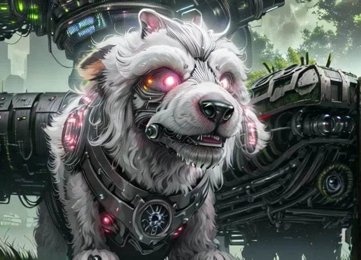 <lora:Mech4nim4lAI:.9> Mech4nim4lAI [dog :robot:.5], (ciborg), a ciborg dog poodle, resting in the grass, with robotic eyes, dangerous appearance, tone mapped, cinematic lighting, dark atmosphere, symmetrical,intricate, highly detailed,  sharp focus, epic