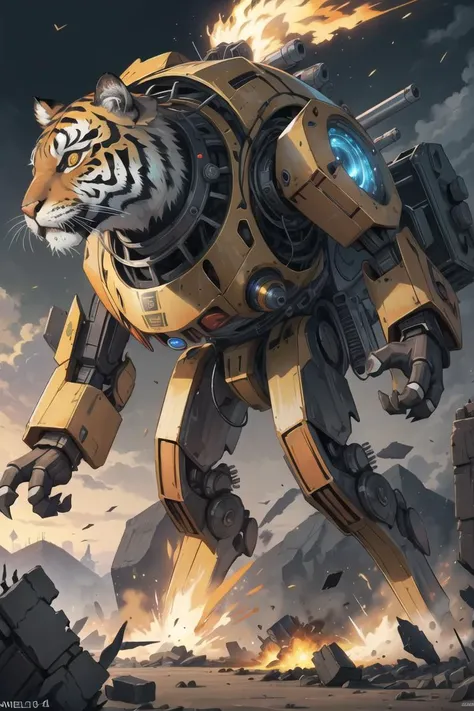 high quality, ,Mech4nim4lAI, tiger made of Mecha ,<lora:Mech4nim4lAI:0.7>,scenery,nuclear bomb,battlefield,debris,alien craft,lazers