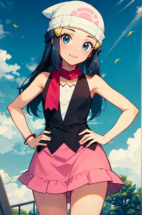 <lora:PKMN_Dawn_v1:1> pkmndawn, 1girl, blue eyes, blue hair, long hair, sidelocks, hairclip, beanie, black dress, sleeveless, pink skirt, scarf, smile,, absurdres, ultra detailed, masterpiece, best quality, aesthetic, detailed,