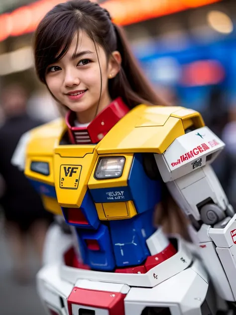 a cute gundam girl posing on the Japan Akihabara street corner, gundam_girl, sfw, (extremely bright backlight:1), ultra wide angle, dynamic angle, (realistic, photo-realistic:1.37),(8k, RAW photo, best quality, masterpiece:1.2), ultra-detailed, physically-...