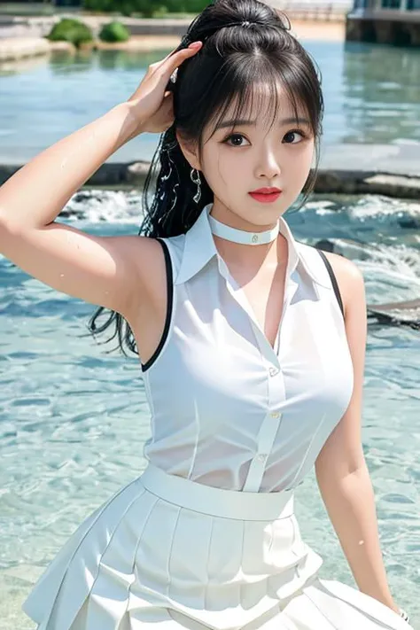 <lora:koreanDollLikeness_v10:0.66>,best quality, ultra high res, (photorealistic:1.4), 1woman, sleeveless white button shirt,  skirt, black choker, cute, (Jpop idol), (aegyo sal:1), (blown hair:1), ((watery eyes)), looking at viewer, full body, facing fron...