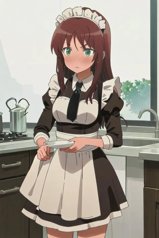 best quality, masterpiece, highres, solo, {maid:1.40}, {long maid dress:1.15}, {kaneshiya_shitara_alicegearaegisexpansion:1.15}, long_hair, brown_hair, green_eyes, blush