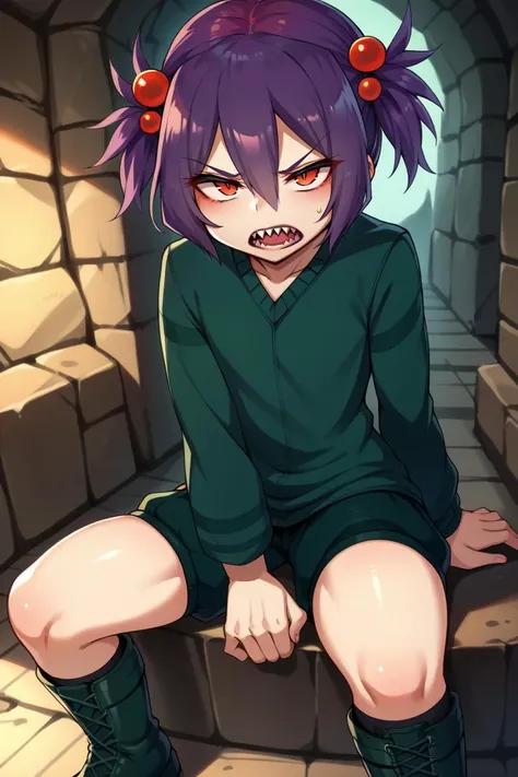 a cartoon image of a girl with purple hair sitting on a stone wall