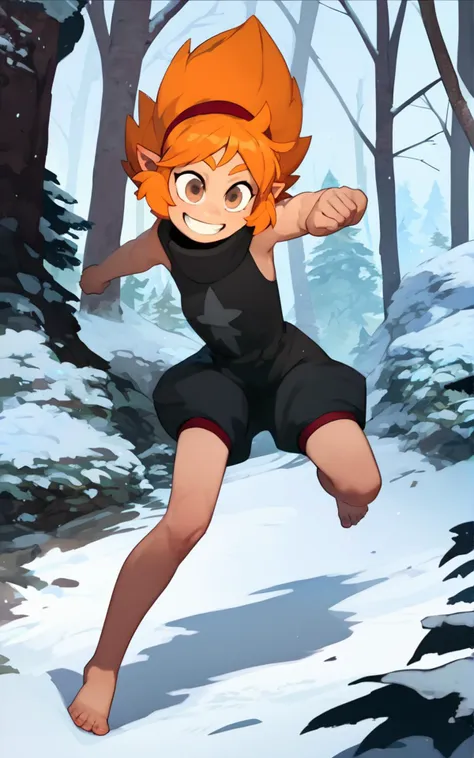 a cartoon image of a boy running through the snow