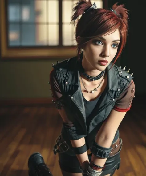 <lora:difConsistency_photo:0.9> (punk/goth/metal), full-body, dynamic posing,), interesting 22yo post-apocalyptic <lora:gaige:0.95> gaige, hairband, short twintails, red hair, green eyes, bandaid, choker, collar, fingerless gloves, striped pantyhose, leath...