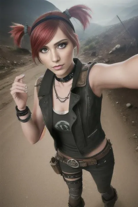 neat 22yo post-apocalyptic <lora:gaige:0.95> gaige, hairband, short twintails, red hair, green eyes, bandaid, choker, collar, fingerless gloves, striped pantyhose, leather, belt, boots, bracelet, vest, jewelry, spikes, necklace, cleavage, earring , <lora:C...