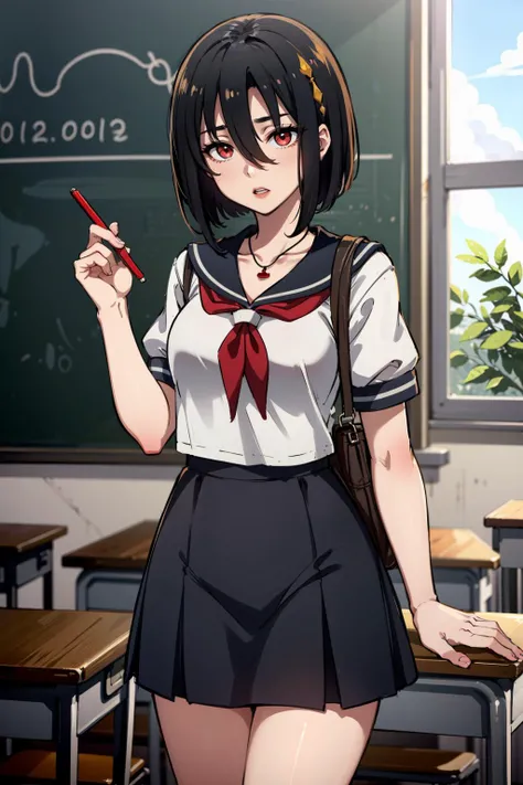 masterpiece, best quality, 1girl, solo, <lora:EPfeNel-07:0.8>, EPfeNil, short hair, black hair, red eyes, hair between eyes,necklace, school uniform, sailor dress , school bag, school desk, chalkboard, indoors,