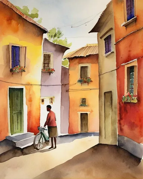 Watercolor painting A vibrant rural city life,india, brought to life rural india, with warm and cozy lighting, casting a nostalgic, dreamy . <lora:crayons_v1_sdxl:0.2> <lora:cutedoodle_XL:0.25> . Vibrant, beautiful, painterly, detailed, textural, artistic