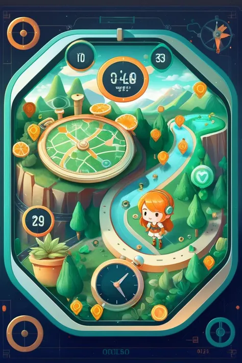 Strategy game style an artwork, Stopwatch, in the style of 2d game art, characterized girl, dmitry vishnevsky, orange and emerald, cute and dreamy, editorial illustrations, zeiss batis 18mm f/2.8  <lora:papercut:0.2> . Overhead view, detailed map, units, r...