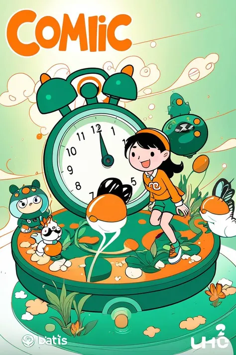 comic an artwork, Stopwatch, in the style of 2d game art, characterized girl, dmitry vishnevsky, orange and emerald, cute and dreamy, editorial illustrations, zeiss batis 18mm f/2.8  <lora:papercut:0.2> . graphic illustration, comic art, graphic novel art,...