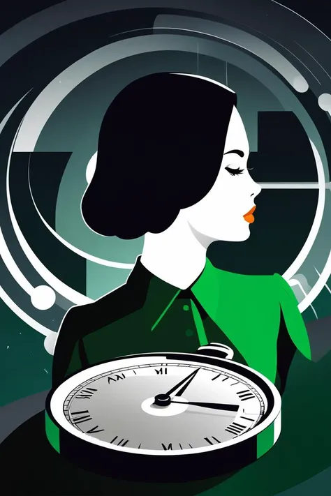 Film noir style an artwork, Stopwatch, in the style of 2d game art, characterized girl, dmitry vishnevsky, orange and emerald, cute and dreamy, editorial illustrations, zeiss batis 18mm f/2.8  <lora:papercut:0.2> . Monochrome, high contrast, dramatic shado...