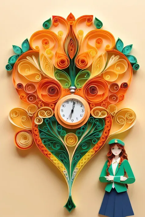 Paper quilling art of an artwork, Stopwatch, in the style of 2d game art, characterized girl, dmitry vishnevsky, orange and emerald, cute and dreamy, editorial illustrations, zeiss batis 18mm f/2.8  <lora:papercut:0.2> . Intricate, delicate, curling, rolli...