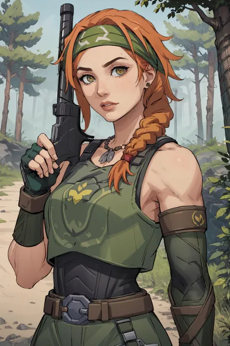 <lora:Valorant_Skye-000018:0.8> <lora:holdingweapon001:0.2> holding rifle with both hands , skye (valorant), 1girl, headband, fingerless gloves, single elbow glove, body armor, bare shoulders, belt, pants, orange hair,lean well toned body, solo, detailed f...