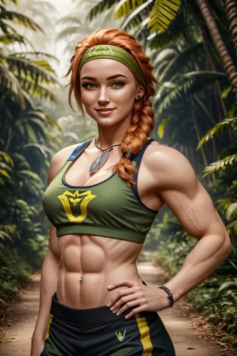 skye (valorant), 1girl, hair band, sports bra, abs, orange hair, smile, solo, detailed face, looking at viewer, upper body, potrait, jungle, tree, sunbeam, (masterpiece:1.2, best quality, <lora:Valorant_Skye-000018:0.8>