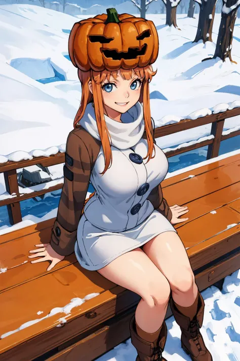 masterpiece, best quality,  <lora:snowgolem-nvwls-v1-000009:0.9> sgolem, pumpkin hat, coat, white skirt, buttons, smile, winter, snow, sitting, on ground, boots, from above, smile, large breasts, blue eyes