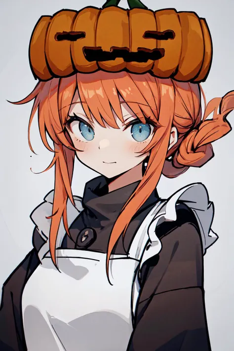 a close up of a person with a pumpkin on their head